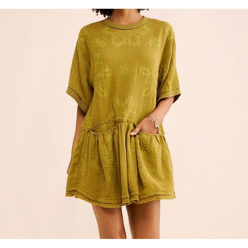 Free People Picking Petals Mini Dress Women XS Olive Green Floral Drop Waist - Picture 2 of 10